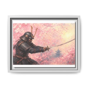 Samurai Warrior and Sakura Framed Canvas Art | Japanese Decor, Wall Art for Office, Gift for Him, Zen Home Decoration, Samurai Painting