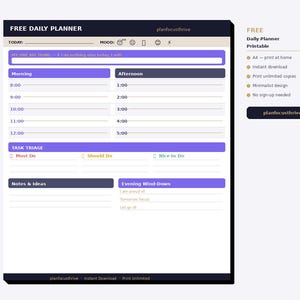 May include: A digital daily planner with a minimalist design. The planner features sections for the day's big thing, mood, and a schedule from 8:00 AM to 5:00 PM. It includes task triage and notes sections. The text "FREE DAILY PLANNER" is at the top.