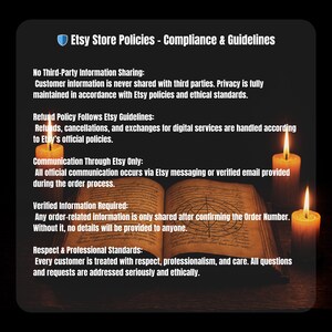 May include: An image with text detailing Etsy store policies, compliance, and guidelines. The text is displayed on a dark background with an open book and lit candles. The policies cover information sharing, refunds, communication, and professional standards.