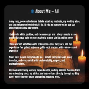 May include: A black background with text that reads "About Me - Ali." The text describes the shop's methods, working style, and philosophy. Lit candles and an open book are also visible.