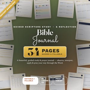 May include: A digital Bible journal featuring 34 guided and fillable pages for scripture study and reflection. The layout includes various templates for observation, interpretation, and prayer, formatted for US Letter and A4 paper sizes.