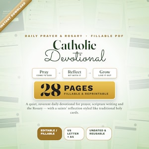 Peut inclure: Un document PDF remplissable de 28 pages pour une dévotion catholique, incluant des sections pour la prière et le chapelet. Le texte indique Pray, Reflect, Grow, ainsi que les formats US Letter et A4. Mise en page verte et dorée avec champs éditables.