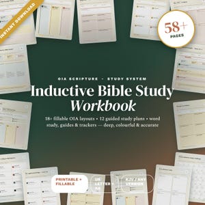 Könnte beinhalten: Ein induktives Bibelstudien-Arbeitsbuch mit über 58 Seiten, das Layouts für das OIA-Schriftstudium, geführte Studienpläne, Wortstudienführer und Tracker enthält. Das digitale Dokument ist druckbar und ausfüllbar, verfügbar in US Letter und A4.
