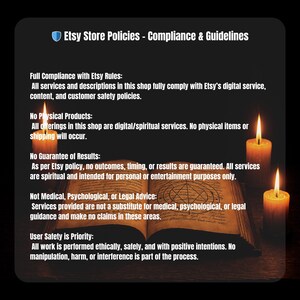 May include: Image of Etsy store policies and guidelines. Text includes compliance with Etsy rules, no physical products, no guarantee of results, and user safety is a priority. Two lit candles flank an open book.