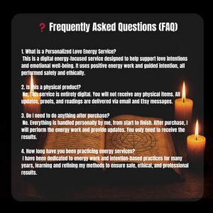 May include: Image of a book with text and lit candles. The text reads "Frequently Asked Questions (FAQ)" and answers questions about a digital energy service. Two candles are lit on the right side of the book.