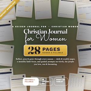 Peut inclure: Un journal guidé numérique comprenant 28 pages de modèles remplissables. Le texte de couverture indique : A GUIDED JOURNAL FOR CHRISTIAN WOMEN, Christian Journal for Women, 28 PAGES GUIDED & FILLABLE. Inclut des pages quotidiennes et mensuelles.