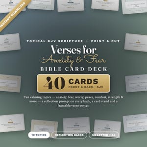 Op de afbeelding: Een digitale productset met een KJV-bijbelkaarten-deck over angst en vrees. De set bevat 40 kaarten met voor- en achterkant, 10 onderwerpen, reflectievragen, een kaartenstandaard en een in te lijsten vers-poster in A4-formaat.