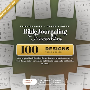 Puede incluir: Una colección digital de más de 100 diseños para calcar en el diario bíblico, incluyendo garabatos religiosos, flores, pancartas y letras a mano. Las páginas incluyen líneas finas para calcar y contornos gruesos para colorear, en tamaños A4 y carta.