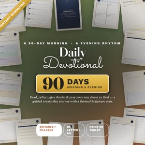 Puede incluir: Un planificador devocional diario digital con un ritmo de 90 días para la mañana y la tarde. El diseño incluye varias páginas para la reflexión, la oración y el estudio de las escrituras. El texto incluye A 90-DAY MORNING & EVENING RHYTHM, Daily Devotional, 90 DAYS MORNING & EVENING, y Read, reflect, give thanks & pray your way closer to God.