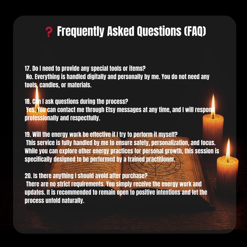May include: A dark background with the text "Frequently Asked Questions (FAQ)". The text is followed by a list of questions and answers. Lit candles and an open book are also in the image.