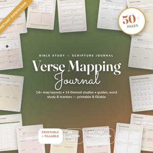 Può includere: Un diario di studio biblico e delle scritture intitolato Verse Mapping Journal, contenente oltre 50 pagine stampabili e compilabili con 14 layout di mappe, 14 studi tematici, guide, studi di parole e tracker in formato US Letter e A4.