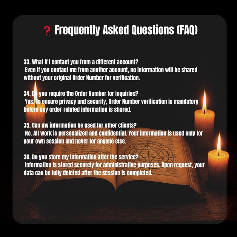 May include: A dark image with the text "Frequently Asked Questions (FAQ)". The text is accompanied by lit candles and an open book. The questions address account verification, order numbers, client information, and data storage.