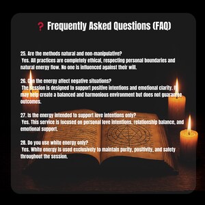 May include: A dark image featuring a book with an open page, lit by three candles. The text reads "Frequently Asked Questions (FAQ)" with questions about energy work, ethical practices, and love intentions. The book has a symbol on the page.