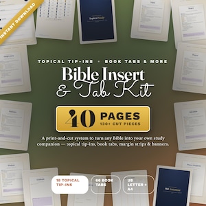 May include: A Bible insert and tab kit featuring 40 pages and 130+ cut pieces. The kit includes topical tip-ins, book tabs, margin strips, and banners for Bible study. The text reads Topical Tip-Ins, Book Tabs & More, Bible Insert & Tab Kit, 40 Pages, 130+ Cut Pieces, 18 Topical Tip-Ins, 66 Book Tabs, and US Letter + A4.