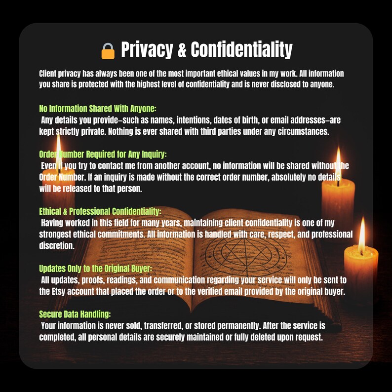 May include: A digital graphic with the title "Privacy & Confidentiality" and text detailing client privacy, data handling, and confidentiality. The image includes an open book, candles, and a lock icon.