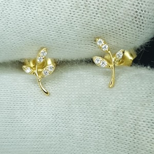 14K Solid Yellow Gold Leaf Shape Stud Earrings, Natural Diamond Leaf Ear Studs For Women, Solid Gold Studs.