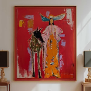 Dust & Devotion | Girl and Horse Wall Art Print | Modern Western Cowgirl Decor | Red Contemporary Artwork | Canvas Print