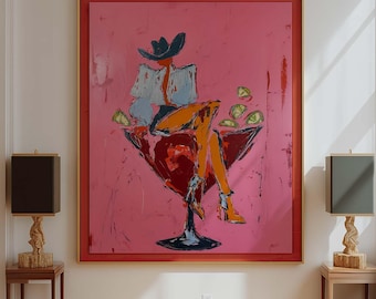 Pink Cowgirl Martini Art | Modern Western Glam Wall Art Print | Cocktail Art Bar Cart Decor
