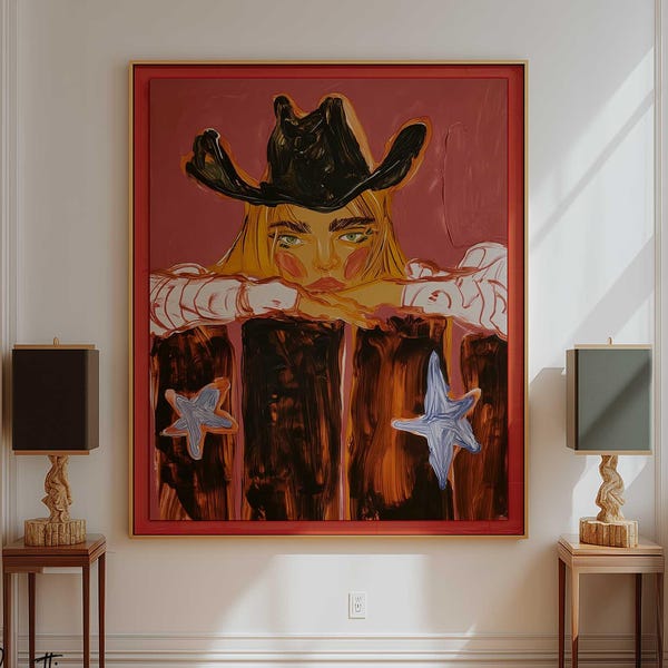 Cowgirl portret kunstafdruk | Westerse mode kunst aan de muur | Modern rustiek decor | Groot canvaskunstwerk | Gedurfd hedendaags vrouwenkunstwerk