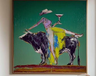 Martini Matador | Modern Western Wall Art Print | Bull and Woman Artwork | Rich Ranch Decor | Green Rodeo Canvas Print