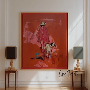 Cowgirl in Red Artwork  | Western Fashion Wall Art | Large Canvas Print Woman and Dog Art
