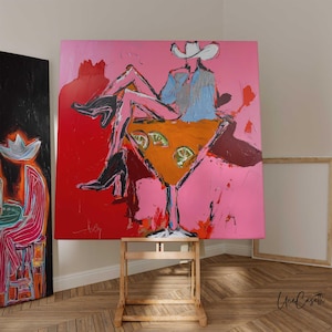 Pink Cowgirl Martini Art | Modern Western Glam Wall Art Print | Cocktail Art Bar Cart Decor