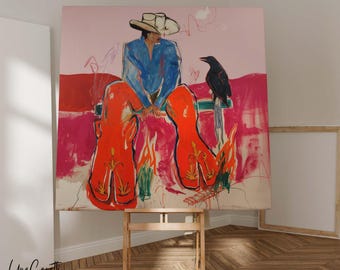 Heatwave Rider / Stampa artistica da parete da cowboy / Decorazione western moderna / Opera d'arte con cavallo rosso audace / Arte murale da ranch contemporanea
