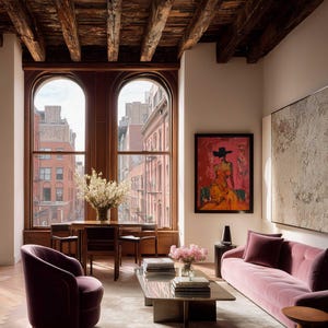 May include: A luxurious living room with a mauve velvet sofa, a matching armchair, and a glass coffee table. The room features large arched windows, a wooden ceiling with exposed beams, and a colorful painting on the wall. A rug covers the floor.