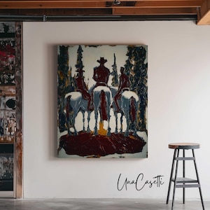 Puede incluir: Una pintura abstracta representa a tres jinetes a caballo frente a un fondo de bosque. La obra de arte utiliza rojos profundos, azules y blancos, con pinceladas visibles. La pintura est&aacute; firmada "Una Casetti".