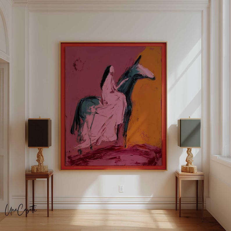 Woman on Horseback Wall Art | Western Expressionist Art | Large Modern Canvas Print | Pink Orange Abstract Wall Art | Bold Figurative Print image 2