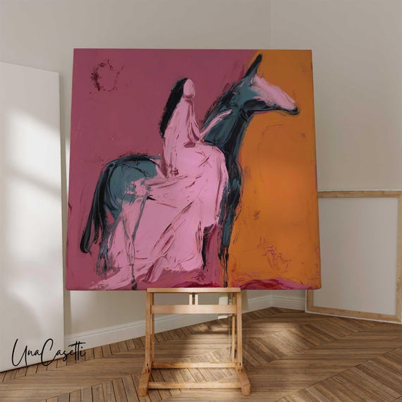 Woman on Horseback Wall Art | Western Expressionist Art | Large Modern Canvas Print | Pink Orange Abstract Wall Art | Bold Figurative Print