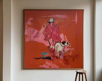 Cowgirl in Red Artwork  | Western Fashion Wall Art | Large Canvas Print Woman and Dog Art