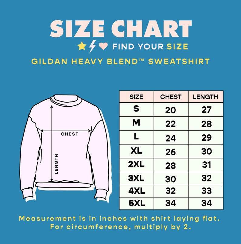 May include: A size chart for a Gildan Heavy Blend sweatshirt, with chest and length measurements in inches. The chart includes sizes S to 5XL, with chest measurements ranging from 20 to 34 inches and lengths from 27 to 34 inches.