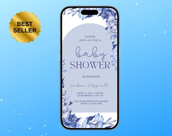 Blue Floral Baby Shower Invitation for Boy | Editable Canva Template | Boho Arch Baby Shower Invite | Instant Download