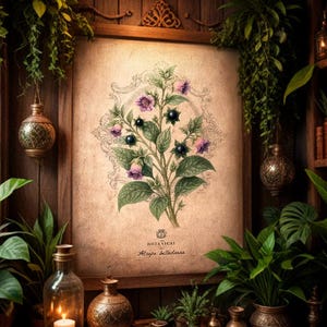 May include: Botanical illustration of Atropa belladonna, featuring purple flowers and black berries, framed and displayed in a rustic, wooden-paneled room. The scene includes various potted plants, glass bottles, and decorative vases, creating a vintage apothecary aesthetic.