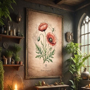 Impresión de arte botánico vintage de amapola / Herbología mágica / Botánica mágica / Decoración de pared con plantas mágicas / Póster de alquimia / Arte de brujería