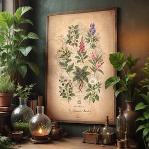 Op de afbeelding: Een ingelijste botanische print met kleurrijke illustraties van verschillende planten, met de tekst "Botanical The Poisoner's Garden". De print staat op een houten tafel, omringd door potplanten, glazen vazen en kaarsen, wat een vintage esthetiek creëert.