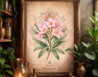 Vintage Botanical Art Print: Wizarding Herbology, Dark Academia, Oleander Botany (Digital Download)