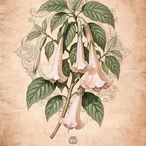 Puede incluir: Ilustraci&oacute;n bot&aacute;nica vintage de Brugmansia suaveolens, con flores en forma de trompeta de color rosa p&aacute;lido y hojas verdes. La obra de arte se encuentra sobre un fondo texturizado y envejecido con un marco decorativo y texto bot&aacute;nico.