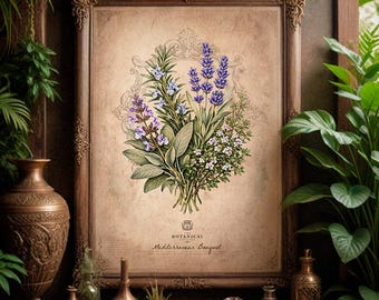 May include: A framed botanical print featuring a bouquet of lavender, rosemary, sage, and thyme. The artwork is titled "The Botanical Mediterranean Bouquet" and is displayed in an ornate, dark brown wooden frame with intricate carved details.