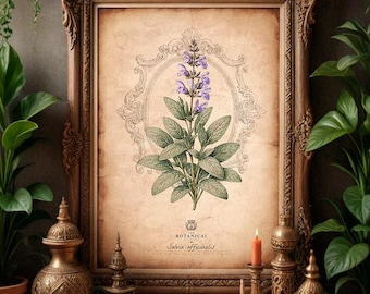 Sage Botanical Art Print: Salvia Officinalis Vintage Antique Medicinal Herb (Digital Download)