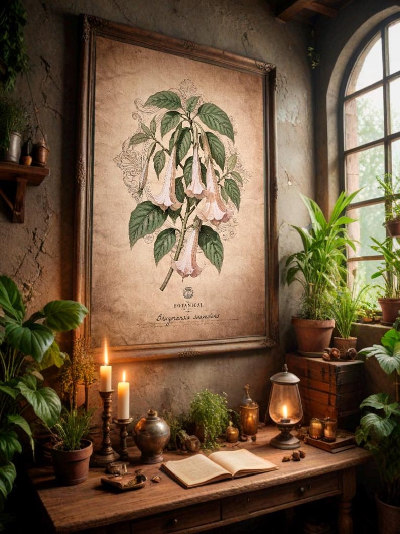 Puede incluir: Una impresi&oacute;n bot&aacute;nica enmarcada con una ilustraci&oacute;n detallada de Brugmansia suaveolens, con hojas verdes y delicadas flores blancas y rosas en forma de campana. La impresi&oacute;n se exhibe en una habitaci&oacute;n con velas, plantas y un libro abierto sobre un escritorio de madera.