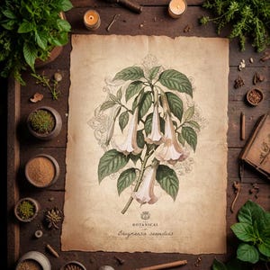 Puede incluir: Ilustraci&oacute;n bot&aacute;nica vintage de Brugmansia suaveolens, con flores blancas y melocot&oacute;n en forma de trompeta y hojas verdes. La impresi&oacute;n en papel envejecido est&aacute; rodeada de hierbas, velas y elementos de madera.