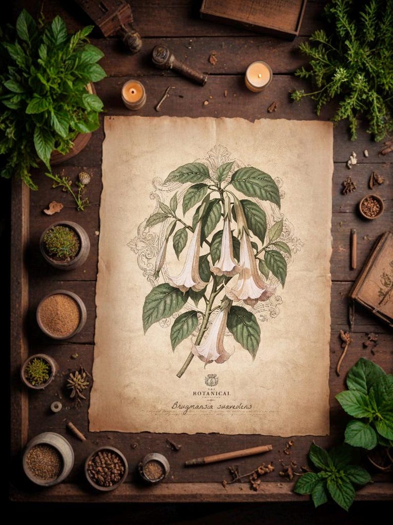 Puede incluir: Ilustraci&oacute;n bot&aacute;nica vintage de Brugmansia suaveolens, con flores blancas y melocot&oacute;n en forma de trompeta y hojas verdes. La impresi&oacute;n en papel envejecido est&aacute; rodeada de hierbas, velas y elementos de madera.