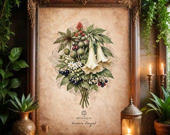 Poisonous Plants Bouquet: Vintage Witchcraft Botanical Art, Gothic Floral Wall Decor, Deadly Herb Illustration