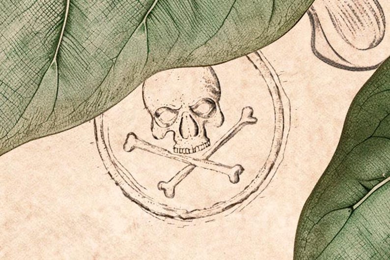 Puede incluir: Ilustraci&oacute;n de estilo vintage de una calavera con huesos cruzados dentro de un marco circular. El dise&ntilde;o es detallado, con un estilo dibujado a mano. El fondo tiene una textura de pergamino, con hojas verdes.