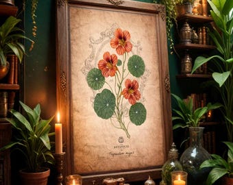 May include: A framed botanical print featuring orange flowers and green leaves, labeled "Botanical Tropaeolum majus." The print is in a dark wooden frame, displayed on a wooden desk with candles, books, and plants. The scene is illuminated by warm light.