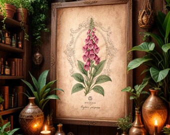 Lámina botánica vintage de dedalera, Herbología mágica (descarga digital)
