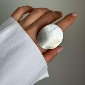 Brushed Silver Statement Ring: Chunky Adjustable Alloy Band