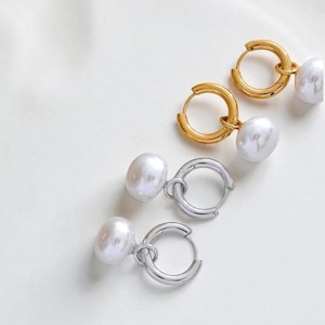 Baroque Pearl Hoop Earrings, 18K Gold Plated Hoop Earrings, Silver Hoops, Gift For Her, Bridesmaid Gift, Minimalist Hoops, Gift for mom